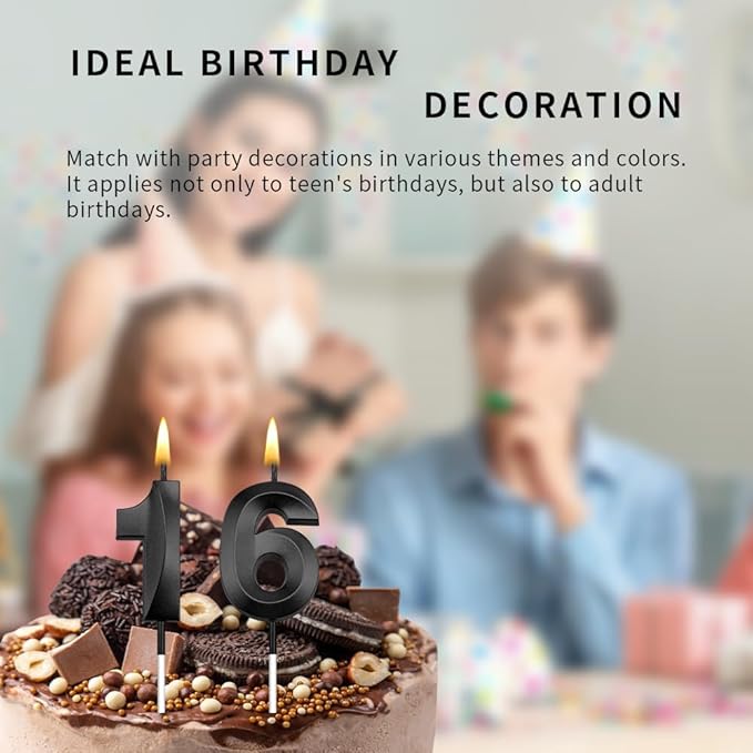 16 Candles for Cake 16 Birthday Candles 16th Birthday Decorations for Boys 16th Birthday Decorations for Girls Black Birthday Candles 16 Candle 16 Boy Birthday Cake Topper