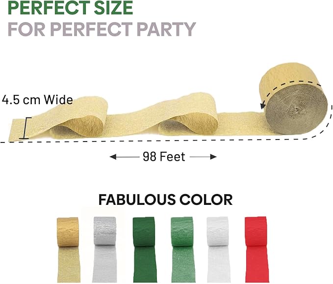 6 Christmas Streamers Rolls, 591ft Pack of Unique 6 Christmas Crepe Paper Rolls for Party Decorations, Party Streamers for Wedding Decoration (1.8 inch x 98.5 ft/Roll)