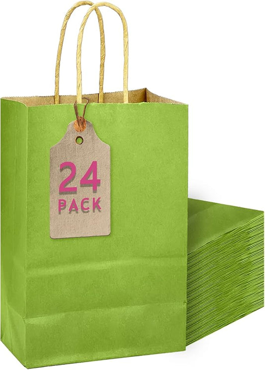 qiqee Forest Green Gift Bag with Handles Bulk 24Pcs Paper Bags -10.6"x8.3"x4.3"Party Favor Bags - Solid Color