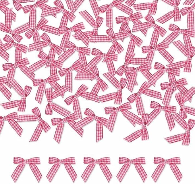 Meseey 100 Pcs 1.5 Inches Premade Craft Bows Self Adhesive Hot Pink and White Plaid Satin Ribbon Bows for Treat Bags Gift Wrapping Basket Wedding Baby Shower Brithday Party(Hot Pink and White Plaid)