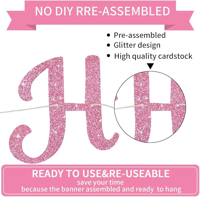 BEISHIDA Happy Birthday Banner - NO DIY,Pink 10Feet Pre-Strung-Glitter Birthday Sign Garland Backdrop Decorations for Women men Party