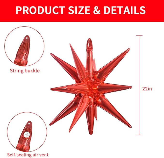 TONIFUL 4 Pcs 22inch 4D Huge Red Star Balloons Explosion Star Mylar Foil Balloons for Party Supplies Backdrop Christmas,New Year,Birthday, Wedding,Photo Booth Ornament