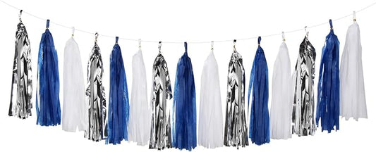 Navy-Blue White-Silver Tassel Garland Streamers - 15pcs Party Decorations Tissue Paper Tassels Banner,Graduation 2025 Wedding Baby Bridal Shower Hanging Decoration Boy Birthday Backdrop Decor Panduola