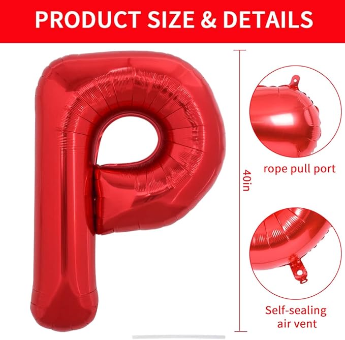 TONIFUL 40 Inch Large Bright Red Letter Balloons A-Z, Giant Jumbo Helium Foil Mylar Big Letter P Balloons for Birthday Party Anniversary Wedding Decorations