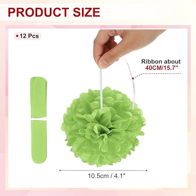 PATIKIL 4inch Tissue Paper Pom Poms, 12PCS Pom Poms Paper Flowers Ball Tissue Paper Flowers for Wedding Bridal Shower Birthday Bachelorette Party Backdrop Decoration, Light Green