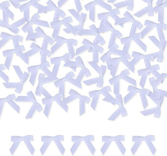 Meseey 100 Pcs 1.5 Inches Premade Craft Bows Self Adhesive White Satin Ribbon Bows for Treat Bags Gift Wrapping Basket Wedding Baby Shower Brithday Party(White)