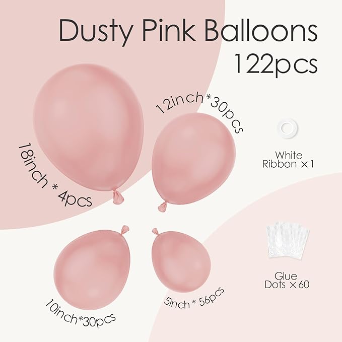 120pcs Dusty Pink Balloons, 18 12 10 5 inch Dusty Rose Balloons Different Sizes Pink Balloon Arch Kit for Boho Wedding Gender Reveal Bridal Baby Shower Birthday Party Decorations