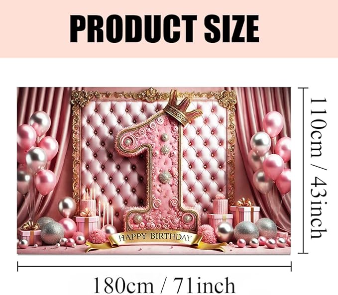 Pink First Birthday Party Banner 71x43 Inch, Elegant "1" Design with Velvet Curtains and Gold Balloons, Ideal for Cake Smash and Birthday Party Decorations