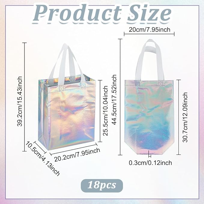CUTHOLLOW 18 Pcs Iridescent Reusable Gift Bags with Handles for Party Favor, Bulk Non-woven Party Goodie Bags with Sturdy Base - Small Medium Christmas Birthday Wedding Gift Bags for Women