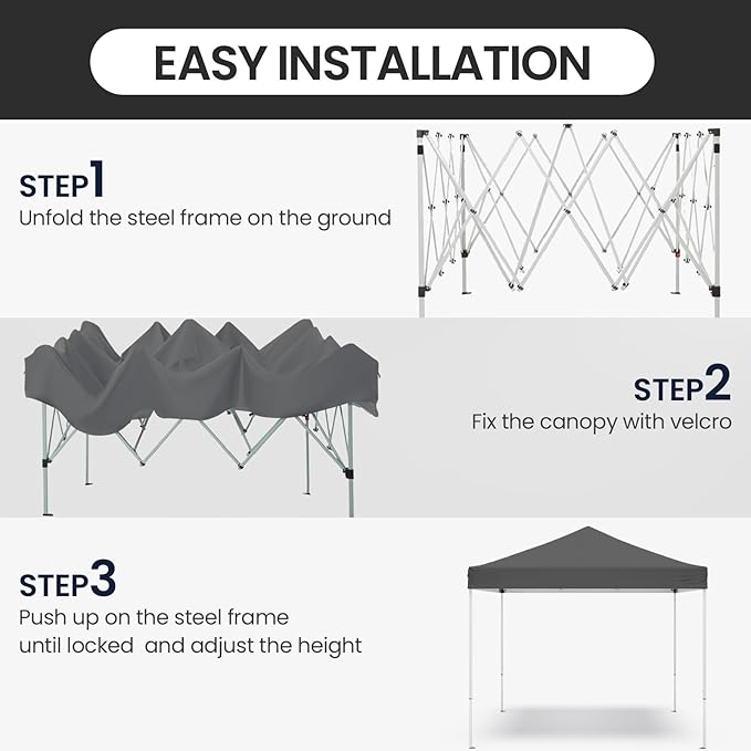 Shades 10x10 Pop Up Canopy, Heavy Duty Beach Tent with Carrying Bag for Easy Moving, Sun Shelter for Parties, Events, Camping, Outdoor Gazebo with 420D PU Coated Waterproof Grey Fabric