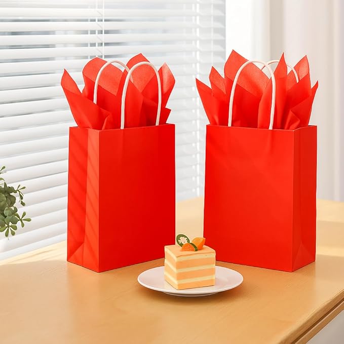 SUNCOLOR Red Gift Bags with Tissue Paper, 24 Pack Small Kraft Paper Shopping Bags with Handles, 7.9x5.12x3.15 Inches, for Christmas, Valentine's Day, Birthdays, Anniversaries