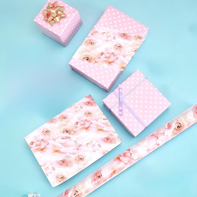 Pink Flower Wrapping Paper, Reversible Pink Wave Point Baby Girl Women Wrapping Paper Gift Wrap for Birthday, Valentines, Mothers day, Graduation, Wedding, Fathers day, Baby Shower (17in x 32.8ft)