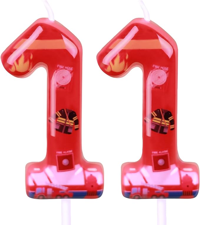 Number 11 Candle, Firetruck Fireman Cake Decoration, 11th Birthday Candle Birthday Party Supplies Firefighter Themed Cake Topper Decorations for Kids Boy Girl Party Decor (red, Number 11)