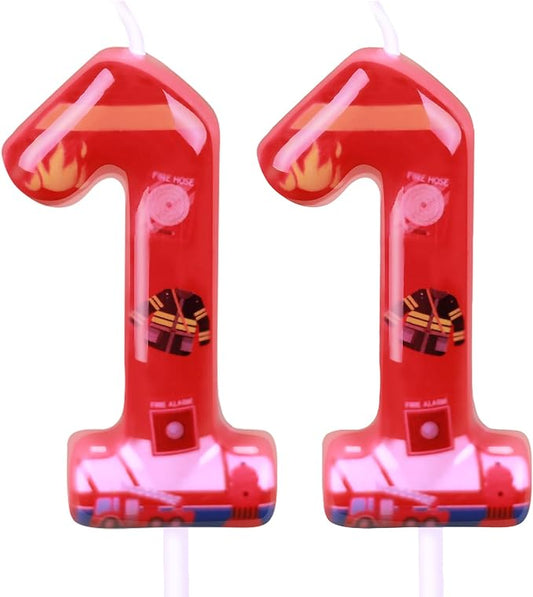 Number 11 Candle, Firetruck Fireman Cake Decoration, 11th Birthday Candle Birthday Party Supplies Firefighter Themed Cake Topper Decorations for Kids Boy Girl Party Decor (red, Number 11)