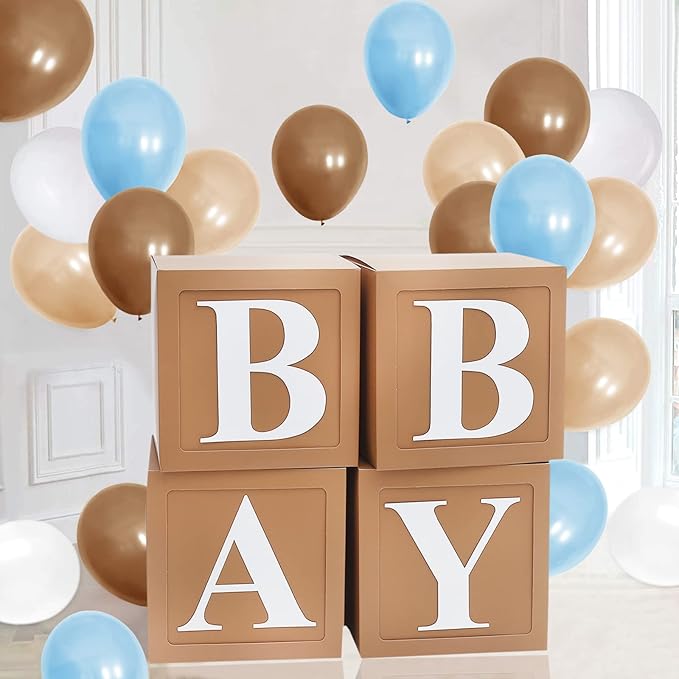 Teddy Bear Baby Shower Boxes Decorations, 4pcs Brown Baby Shower Blocks with Letters, Baby Shower Balloon Paper Boxes for Woodland Baby Shower Decor Boys Girls Gender Reveal Backdrop