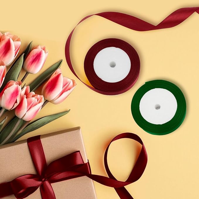 2pcs Christmas Ribbon - 1 Inch X 50 Yards Burgundy, Red & Green for Gift Wrapping & Wedding Party