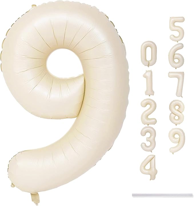 40 Inch Balloon Number 9 Beige, Large Cream Foil Number Balloons Set 0-9, Nude Neutral Digital 9 Helium Balloons for Girls Boys Men Women 9th Birthday Anniversary Graduation Christmas Party Decoration