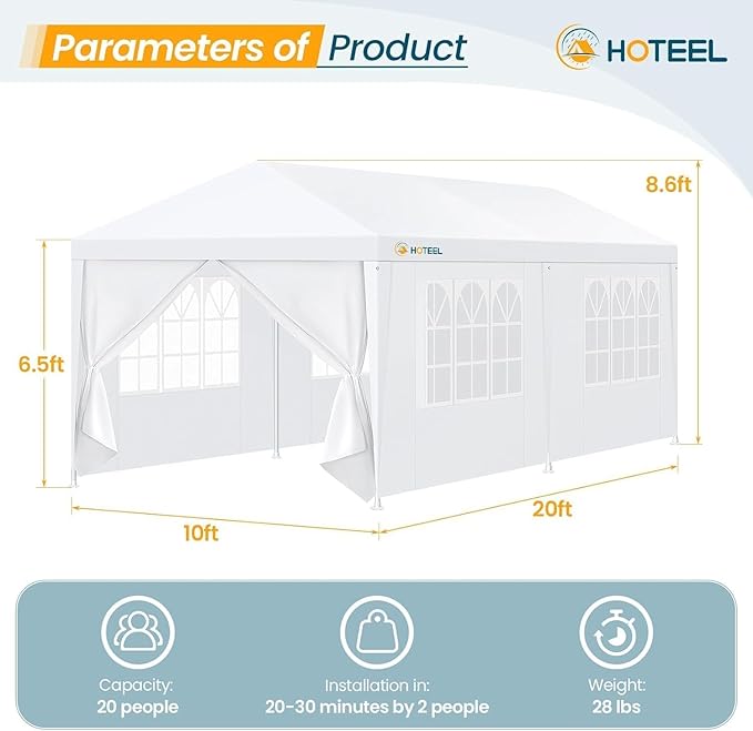 HOTEEL 10x20FT Party Tent Outdoor Large Canopy with 6 Removable Sidewalls, 2 Zipper Doors, 12 Ropes and 24 Stakes for 20-30 People, Carpas para Fiestas for Wedding Patio Backyard, White