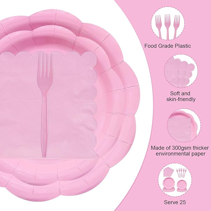 96 Pieces Pink Scalloped Tableware Set Party Supplies ??Solid Color Disposable Dinnerware with Paper Plates, Napkins, and Forks for Girls Birthday, Baby Showers, Tea Parties ??Serves 24