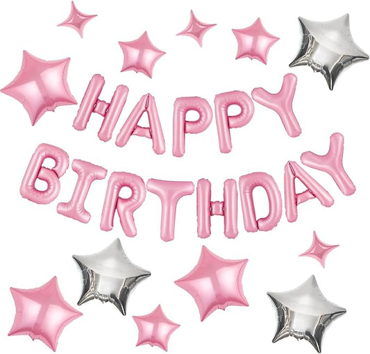 CANREVEL Happy Birthday Banner 13pcs 16 Inch Mylar Foil Letters with 12pcs Star Balloons Birthday Party Decorations for Kids and Adults - 3D Pink