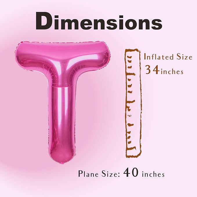 SUWEN 40 Inch Hot Pink Large T Letter Balloons Big Foil Helium Letter Balloons A-Z Jumbo Mylar Happy Birthday Party Decorations for Woman Anniversary Party Supplies