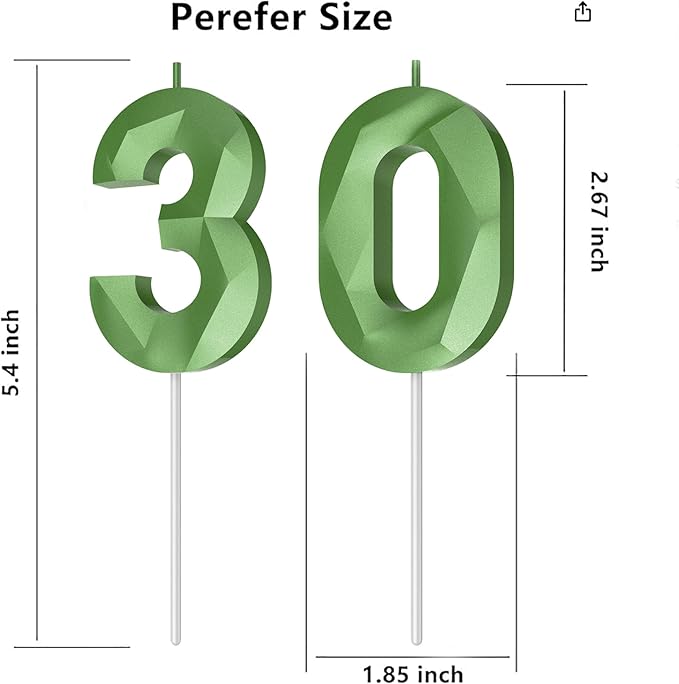 Number Birthday Candles(30 Candle Green) 3D Diamond Shape Number Happy Birthday Cake Candles for Birthday Party Wedding Decoration Reunions Theme Party