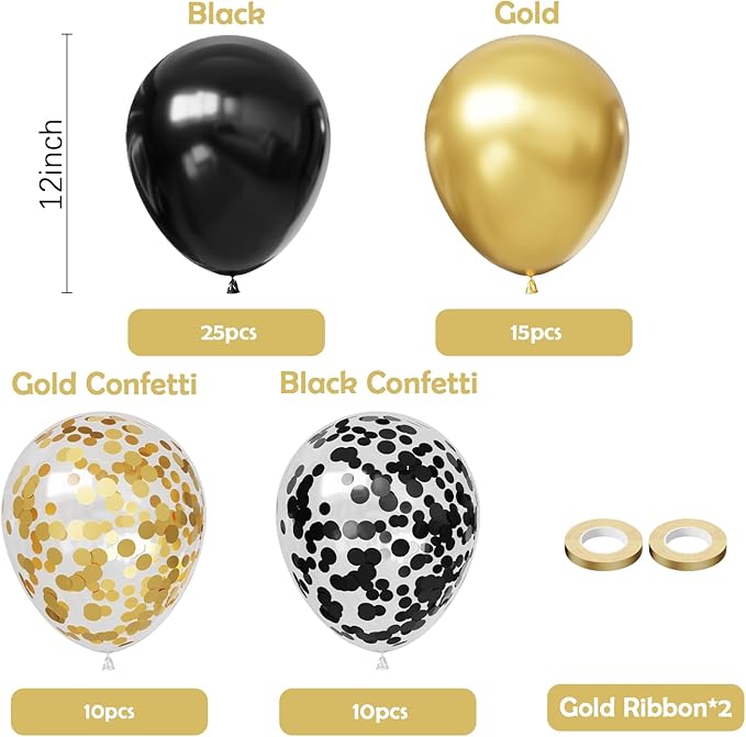 Hiquaty Black and Gold Balloons,60pcs Black Balloons,12 Inch Gold Balloons,Black and Gold Confetti Balloons with Gold Ribbon for New Year Wedding Bridal Shower Party Decorations