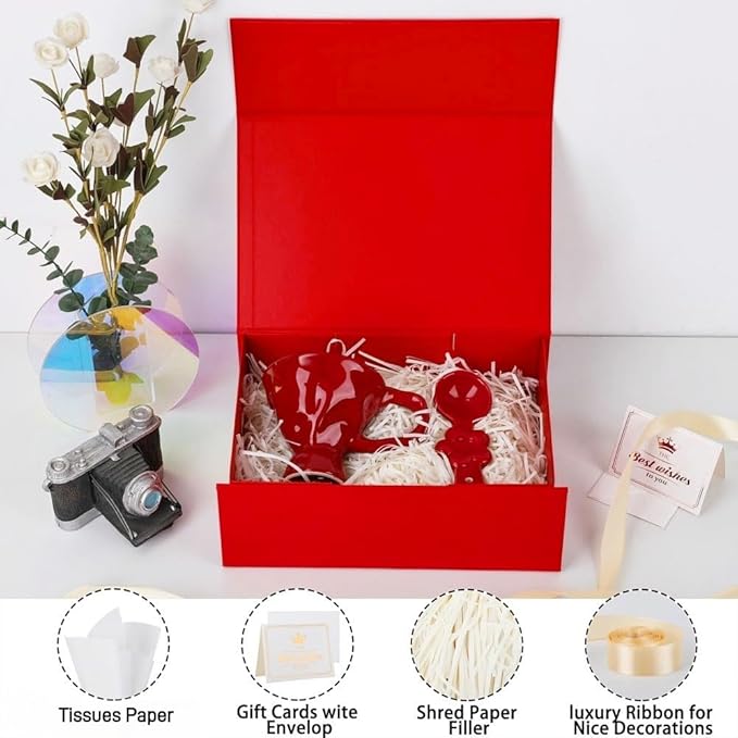 UoeRing 6 Pack Red Gift Box 11.5x8x4 inch Luxury Gift Box for Presents with Magnetic Lid Collapsible,Valentine's Day,Christmas,Contains Card, Ribbon, Tissue Paper,Shredded Paper Fille