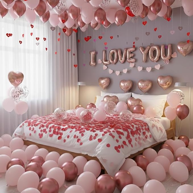 Valentines Day Balloons Garland Arch Kit, Rose Gold Pink Heart I love You Balloons Rose Petals for Galentine's Day Birthday Wedding Anniversary Engagement Valentines Party Decor Special Night