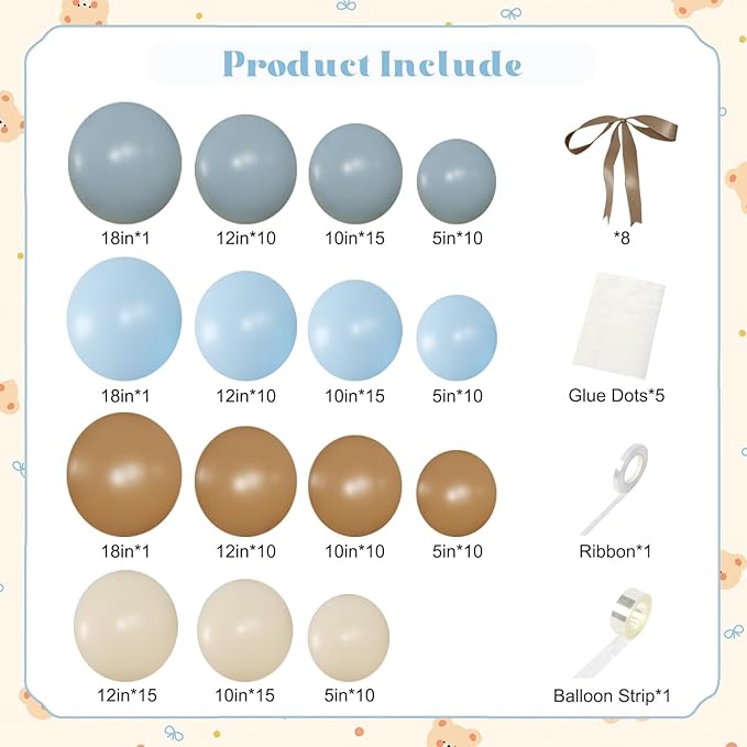 Dusty Blue and Brown Balloon Arch Kit, 151Pcs Bear Baby Shower Decorations Macaron Blue Brown Balloons with Bows for Gender Reveal Baby Shower Birthday Decorations
