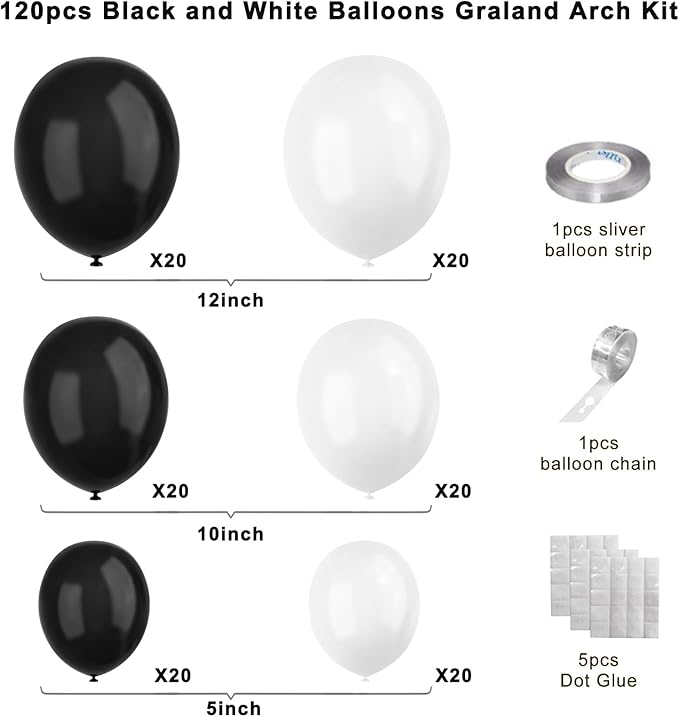 Black and White Balloons, 120pcs White Black Balloon Graland Arch Kit for Birthday Party, Graduation,Bridal Shower, Weddings Decoration