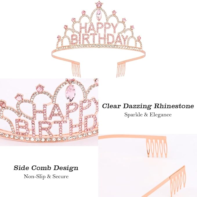 Pink Happy Birthday Crown and Sash for Women Pink Tiaras for Women Birthday Crowns for Girls Princess Crown for Girls Rhinestone Happy Birthday Hair Accessories