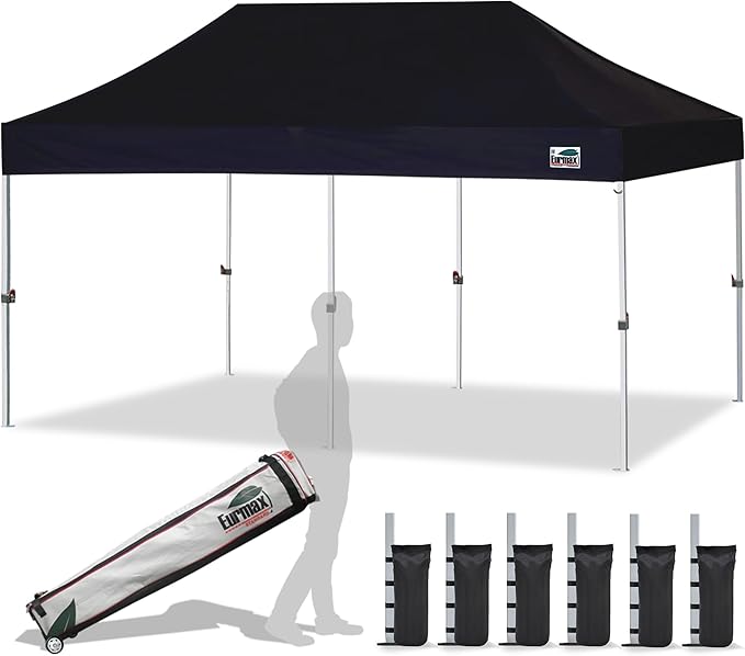 Eurmax USA 10x20ft Pop Up Canopy, Commercial Instant Tent for Outdoor Events, Patented No-Tip Rolling Storage Bag with 6 Sandbags,UV & Water Resistant,Heavy Duty Portable Shelter Gazebo,Black