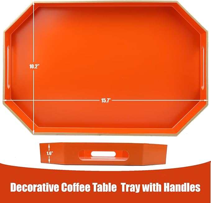 Orange Decorative Tray with Handles, Versatile Serving Tray for Coffee Table, Ottoman, Ideal for Serving, Displaying, Organizing, 15.7"*10.2"*1.57"