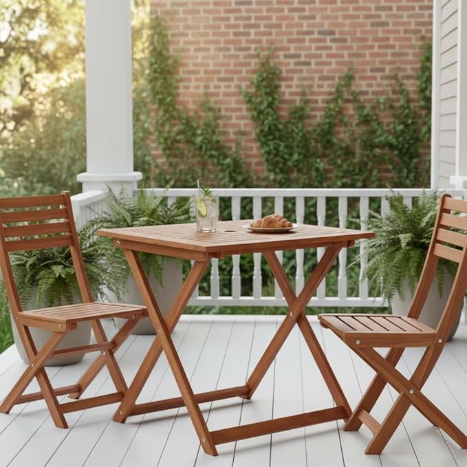 Tangkula 29.5-Inch Square Patio Dining Table, Solid Wood Folding Outdoor Bistro Table with Teak Painting & 2" Umbrella Hole, Outdoor Dining Table for Balcony, Deck, Porch, Backyard