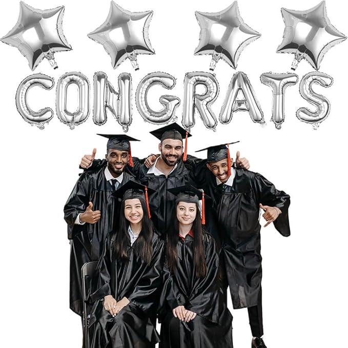 CONGRATS GRAD Silver Balloon Gift Set - Perfect Graduation Gift - Complete 19-Piece Party Kit with 16” Letters + 18" Stars - Ready-to-Give Celebration Package 2026