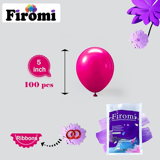 Firomi Small Hot Pink Balloons 5-inch 100 Pack Helium Round Thicken Latex Balloon for Wedding Birthday (with 2 Ribbons)