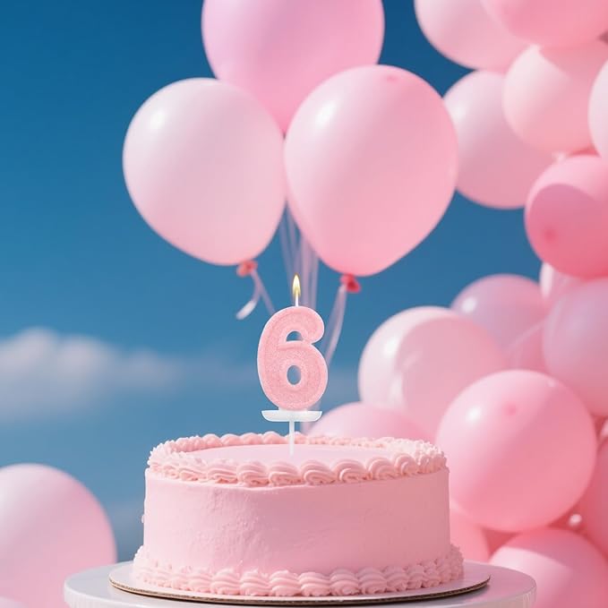 Pink Number Birthday Candles, Romantic Cake Glitter Pink Number Candles Anniversary Cake Topper Decoration Cute Birthday Party Supplies for Wedding Anniversary Celebration Supplies (6)
