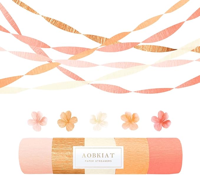 AOBKIAT Streamers Party Decorations,5 Rolls Pastel Pink Gold Orange Crepe Paper Streamers for Little Cutie Baby Shower,Brithday,Wedding,Peach Theme Party,DIY Tassel,1.8 Inch x 82 Ft/Roll