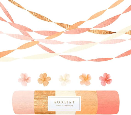AOBKIAT Streamers Party Decorations,5 Rolls Pastel Pink Gold Orange Crepe Paper Streamers for Little Cutie Baby Shower,Brithday,Wedding,Peach Theme Party,DIY Tassel,1.8 Inch x 82 Ft/Roll