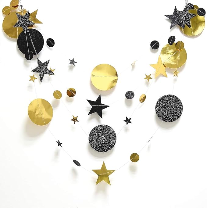 Cheerland Black and Gold Party Decorations Star Garlands Gold Black Birthday Decorations Hanging Star Streamers Graduation Decor NYE New Year Eid Ramadan Galaxy Starry Night Party Supplies