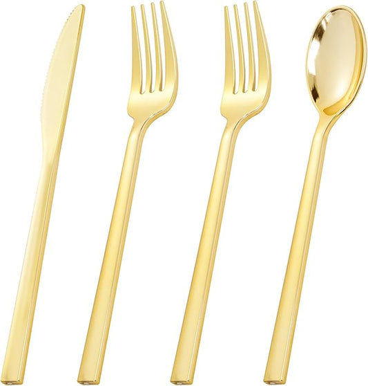 Rubtlamp 3 Packs of 60 Pcs Gold Plastic Silverware - 180 Pcs Heavy Duty Disposable Plastic Utensils - Gold Plastic Cutlery Set for Party&Wedding