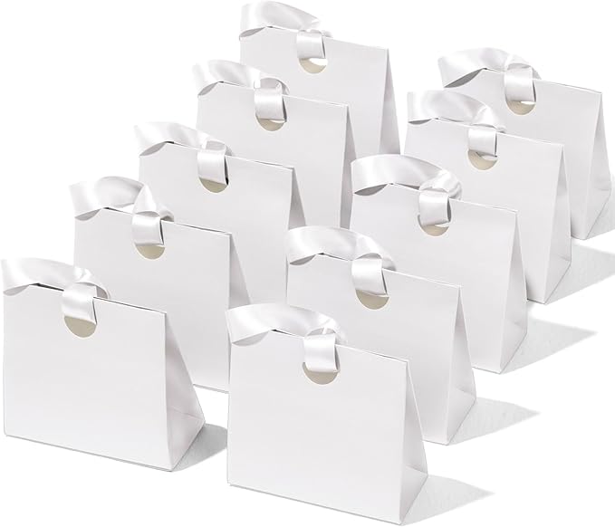 Vitalizart Paper Gift Bags With Ribbon Handles Set of 10 White Bulk Reusable For Gift Wrap Girls Kids Birthday Bridal Shower Party Favors Goodie Bags Candy Toys Christmas 7.87"x3.54"x7.09" Small Size