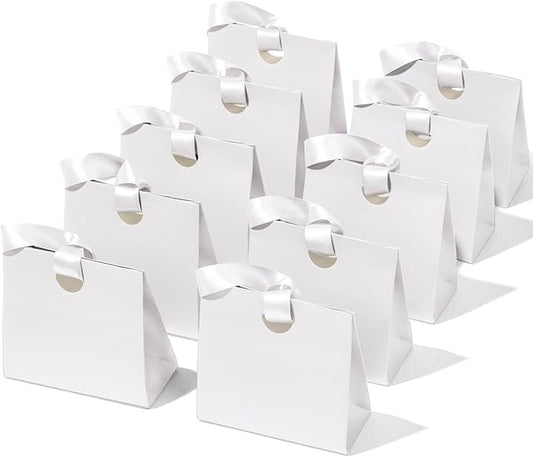 Vitalizart Paper Gift Bags With Ribbon Handles Set of 10 White Bulk Reusable For Gift Wrap Girls Kids Birthday Bridal Shower Party Favors Goodie Bags Candy Toys Christmas 7.87"x3.54"x7.09" Small Size
