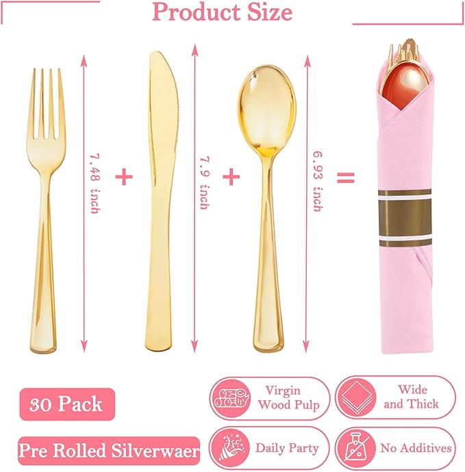 Supernal Gold Plastic Silverware Set with Pre Rolled Pink Napkin-Disposable Cutlery with Pink Linen Napkin Gold, Wrapped Plastic Silverware Heavy Duty Suit for Birthdays, Parties, Weddings 30Packs