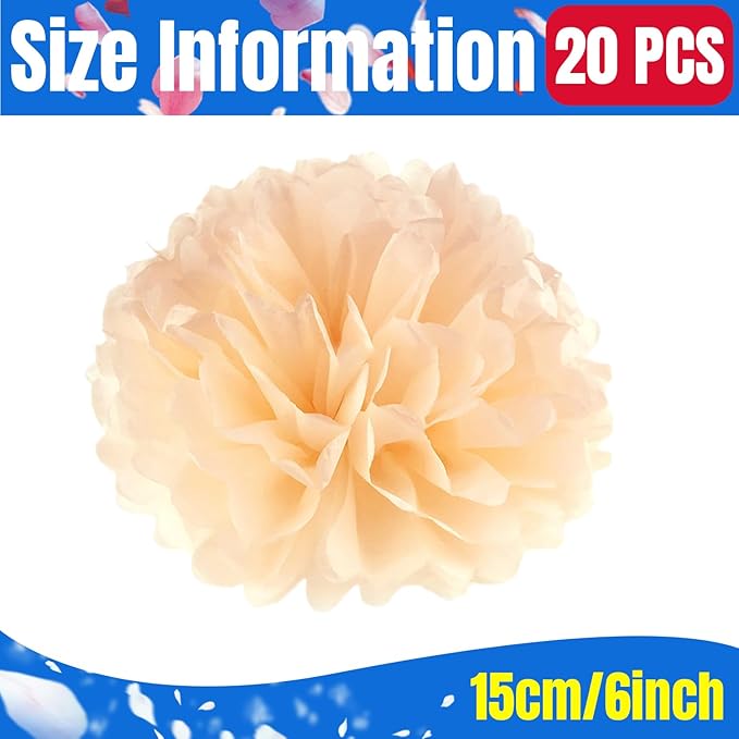 Qimoo 20pcs Peach Paper Pom Poms Decorations, DIY Decorative Tissue Paper Pom-poms Flowers Ball for Party Wedding Outdoor Decoration