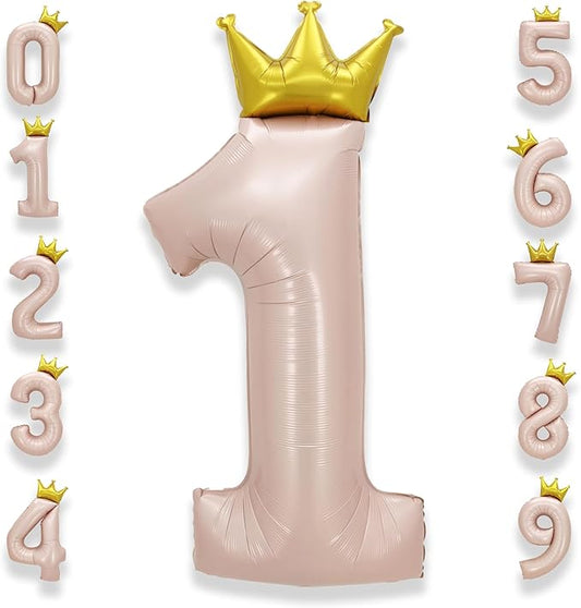 AULE 40 Inch Big Pink 1 Balloon Number with Crown Large Foil Helium Number Balloons 0-9 Jumbo Giant Happy 1st Birthday Party Decorations Huge Mylar Anniversary Party Supplies