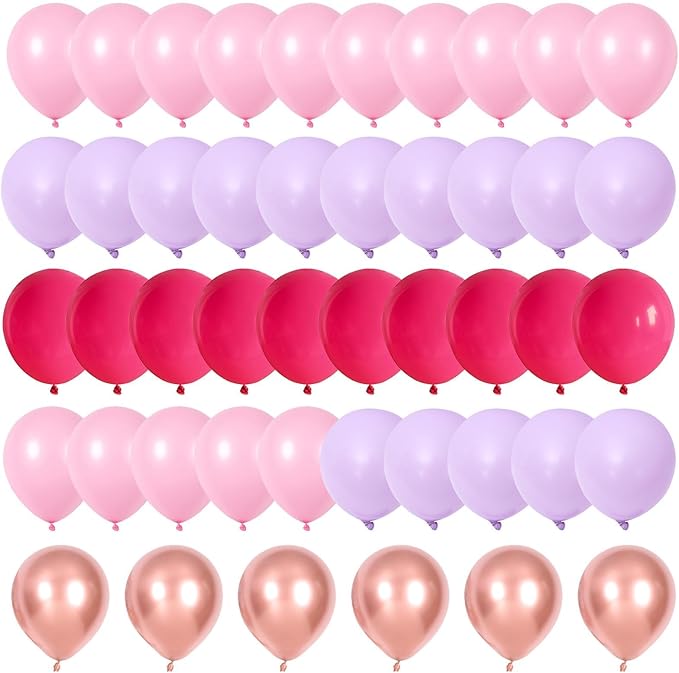 Pink and Purple Balloon Set, 60Pcs Hot Pink Lilac Lavender Balloon with Metallic Rose Gold Balloons, Purple Pinks Rose Red Latex Balloons for Girl Mermaid Butterfly Birthday Party Decorations