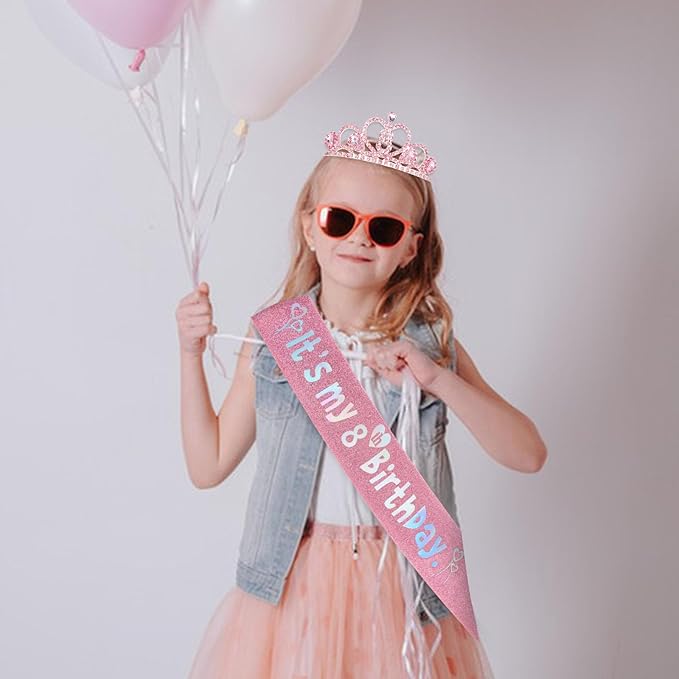 8th Birthday Crown & Sash Pink Birthday Decorations