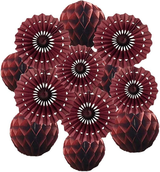 12pcs 6’’ 8’’ Honeycomb Balls Tissue Paper Fans Party Honeycomb Ball Fans Wall Tissue Pom Poms Flower Balls Hanging Paper Fans for Party Baby Shower Birthday Wedding Nursery Wall Decor(Burgundy kit)